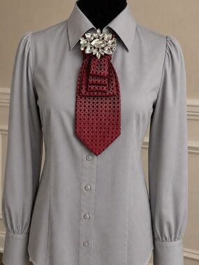 OOAK Necktie Necklace Red Wine/Silver Lg Rhinestone Brooch Steel Silver Chain